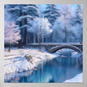 Snowy Stone Bridge, Serene Winter Landscape Poster
