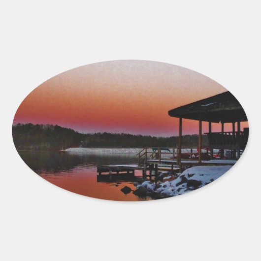Snowy Sunset at Lake Arrowiad dock Ovale Sticker (Voorkant)
