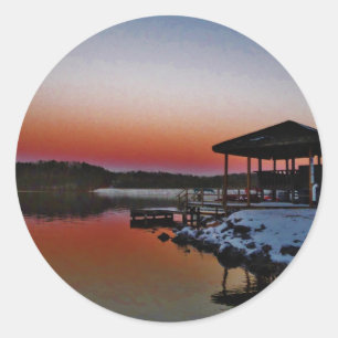 Snowy Sunset at Lake Arrowiad dock Ronde Sticker