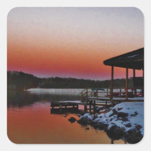 Snowy Sunset at Lake Arrowiad dock Vierkante Sticker