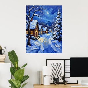 Snowy Village bij nacht Poster