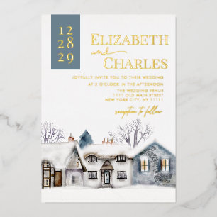 Snowy Village Town Whimsical Bruiloft Folie Uitnodiging
