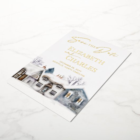 Snowy Village Town Whimsical Bruiloft Save The Dat Folie Uitnodiging (Gedraaid)