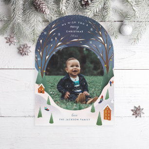 Snowy Village Winter Scene Carte photo de Noël