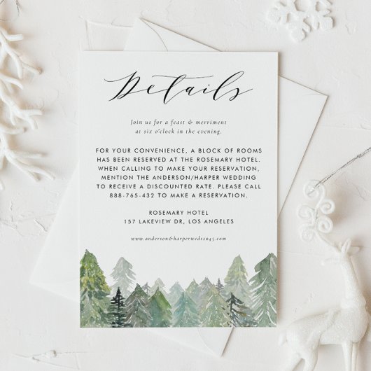 Snowy Waterverf Evergreen Forest Wedding Details Informatiekaartje
