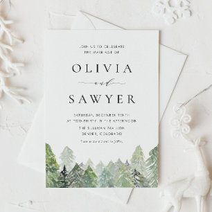 Snowy Waterverf Evergreen Forest Winter Wedding Uitnodiging Briefkaart