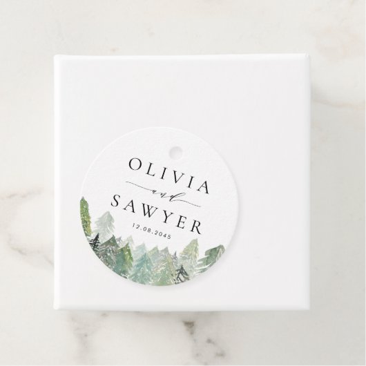 Snowy Waterverf Evergreen Woodland Winterbruiloft Bedankjes Labels (In situ)