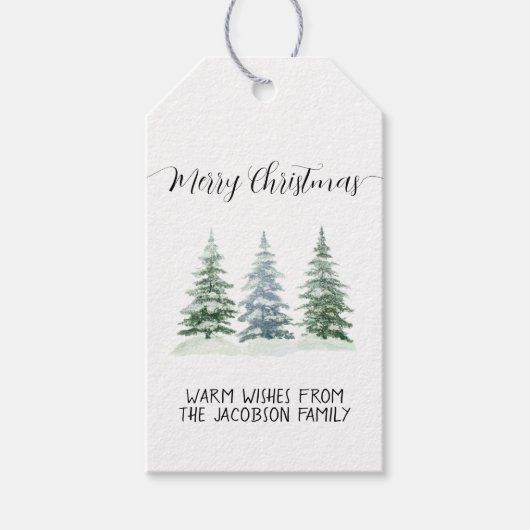 Snowy Waterverf Pine Trees Rustic Merry Kerstmis Cadeaulabel (Voorkant)