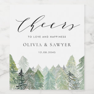 Snowy Waterverf Winter Evergreen Forest Wedding Wijn Etiket