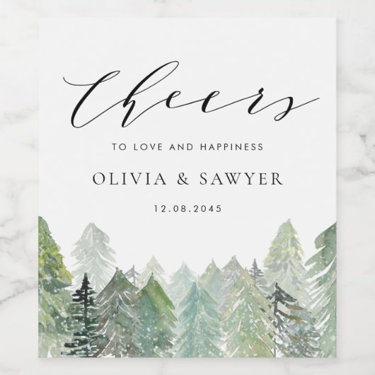 Snowy Waterverf Winter Evergreen Forest Wedding Wijn Etiket (Enkel label)