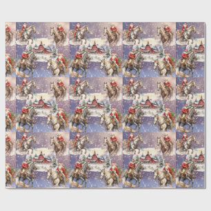 Snowy Western Kerstpaard Santas, rode schuur Cadeaupapier