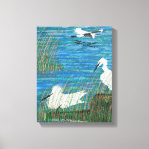 Snowy white egret "estuary" canvas afdruk