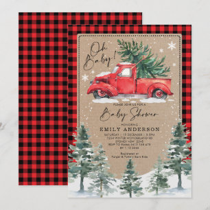Snowy Winter Baby shower Red Truck Pine Tree Kaart