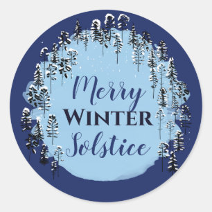 Snowy Winter Blue Forest Merry Solstice Holiday Ronde Sticker