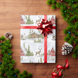 Snowy Winter Cabin Houtdieren Cadeaupapier