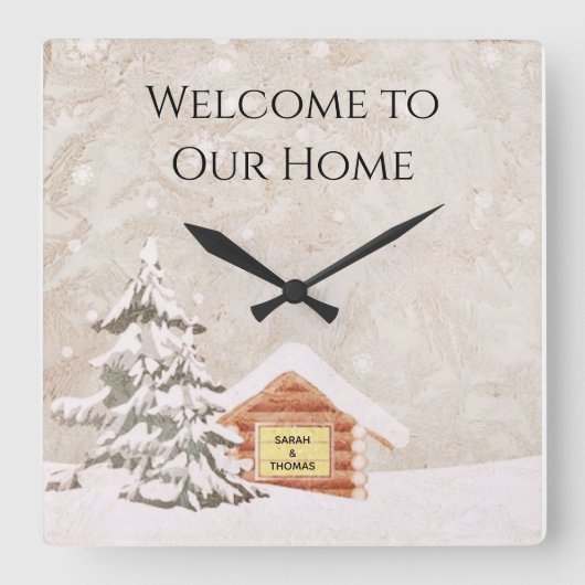 Snowy Winter Cabin Welcome Clock Vierkante Klok (Voorkant)