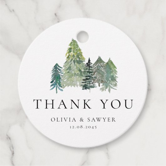 Snowy Winter Evergreen Forest Wedding Bedankt Bedankjes Labels (Voorkant)