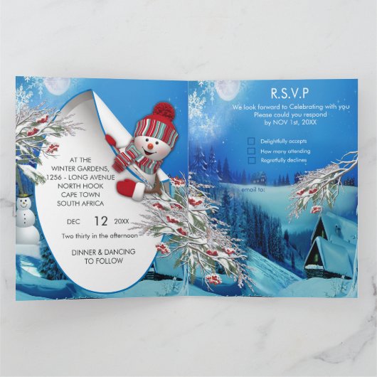 Snowy Winter Fantasy All in One Wedding Invite Bedankkaart (Binnen)