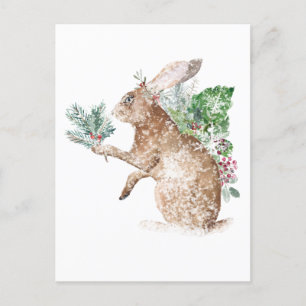 Snowy Winter Hare geeft posy van Spruce & Holly Briefkaart