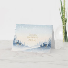 Snowy Winter Hillside Village with Warm Christmas Feestdagen Kaart