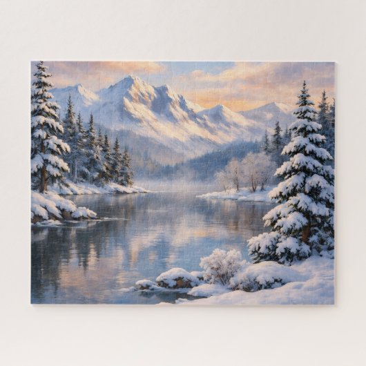 Snowy Winter Mountain Lake Reflection Puzzle (Horizontal)
