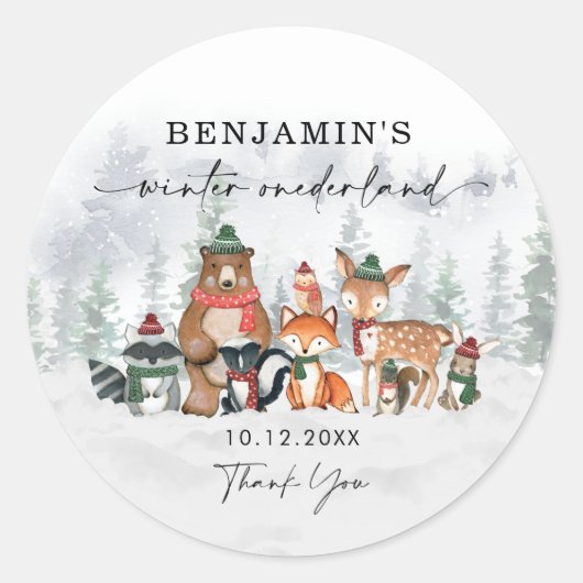 Snowy Winter ONEderland Forest Animals Bedankt Ronde Sticker (Voorkant)