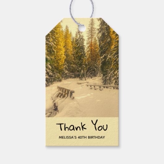 Snowy Winter Path with Pine Trees Dank u Cadeaulabel (Voorkant)