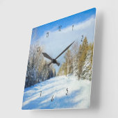 Snowy Winter Road Scene Vierkante Klok (Hoek)