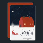 Snowy Winter Scene Carte de Noël<br><div class="desc">Joyeux script ludique. Scène hivernale enneigée avec ciel nocturne,  constellations,  renard rouge et chalet rouge brique.</div>