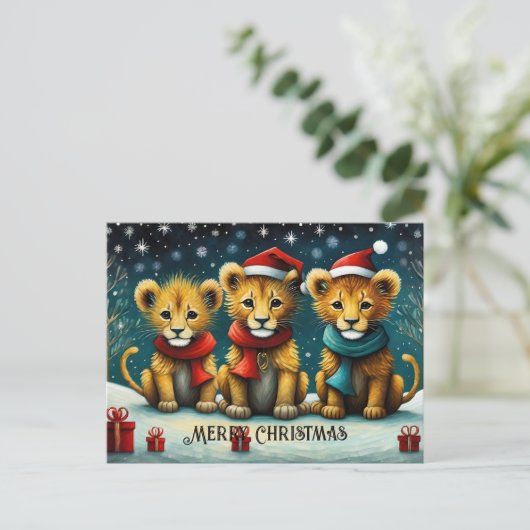 Snowy Winter Schattige Santa Baby Leeuwen Kerst Briefkaart (Staand voorkant)
