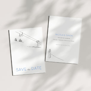 Snowy Winter Ski Pas getrouwd Paar Zwart Wit Save The Date