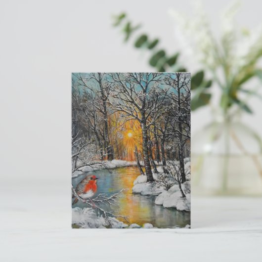 Snowy winter sunset forest landscape met robin feestdagenkaart (Staand voorkant)