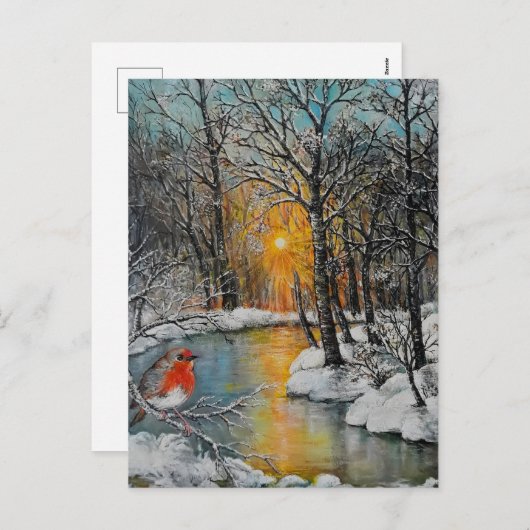 Snowy winter sunset forest landscape met robin feestdagenkaart (Voorkant / Achterkant)
