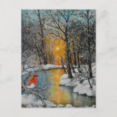Snowy winter sunset forest landscape met robin feestdagenkaart (Voorkant)