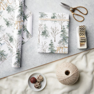 Snowy Winter Trees Joyeux Noel Gold Typography Cadeaupapier