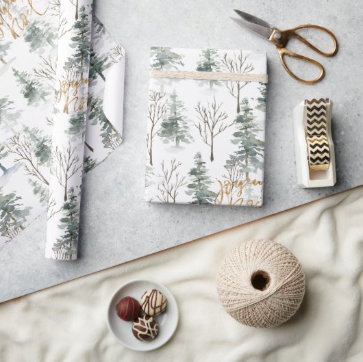 Snowy Winter Trees Joyeux Noel Gold Typography Cadeaupapier (Crafts)