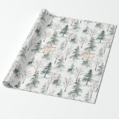 Snowy Winter Trees Joyeux Noel Gold Typography Cadeaupapier (Uitgerold)
