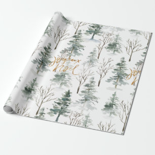 Snowy Winter Trees Pattern Gold Typografie Cadeaupapier