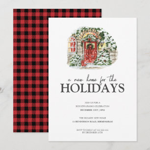 Snowy Winter Village Red Pset Housewarming Party Kaart