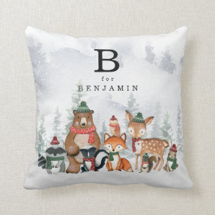 Snowy Winter Woodland Baby Animals Monogram Kussen