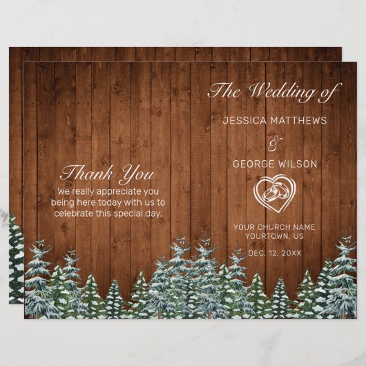 Snowy Wood & Forest Country Pine Wedding Programme (Devant / Derrière)