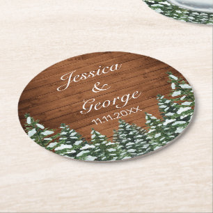 Snowy Wood & Forest Country Pine Wedding Ronde Kartonnen Onderzetter