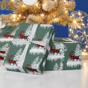 Snowy Woodland Forest Green Red Buffalo Deer Cadeaupapier