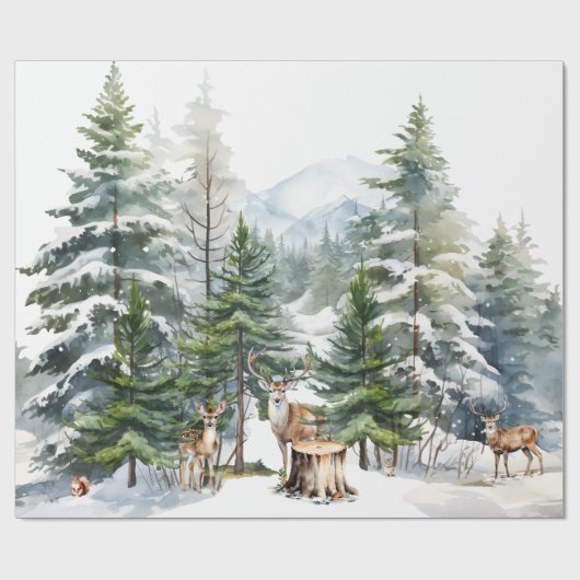 Snowy Woodland Forest rendieren familie Waterverf Cadeaupapier (Vlak)