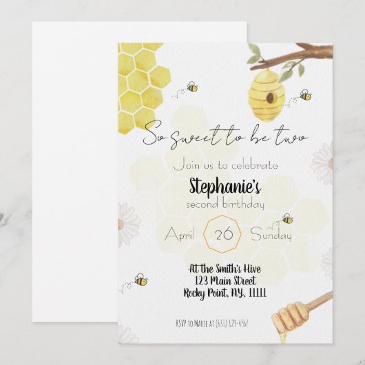so sweet to be two- bee edit birthday invitation (Devant / Derrière)