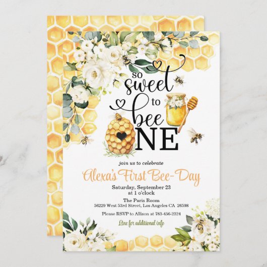 So Sweet to Bee One 1st Birthday Invitation (Devant / Derrière)