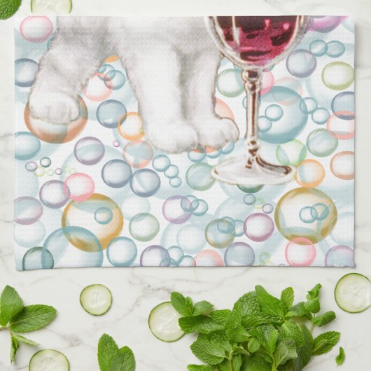 Soapy Bubbles Red Wine Drinker Kitten Tea Towel Theedoek (Gevouwen)