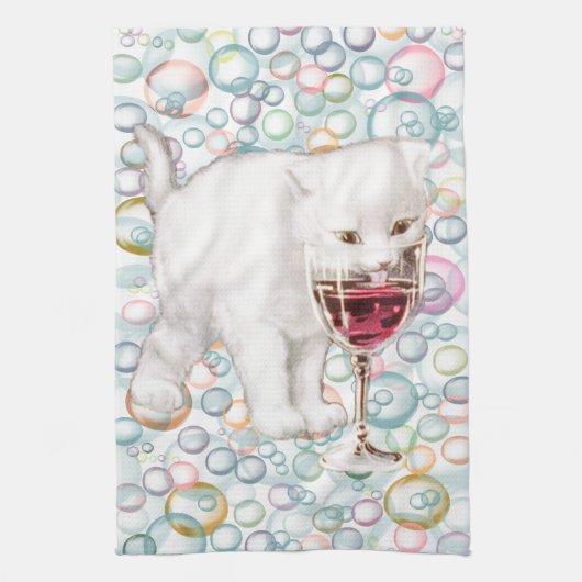 Soapy Bubbles Red Wine Drinker Kitten Tea Towel Theedoek (Verticaal)