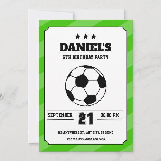 Soccer Anniversaire Invitation Simple Vert (Devant)