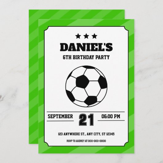 Soccer Anniversaire Invitation Simple Vert (Devant / Derrière)